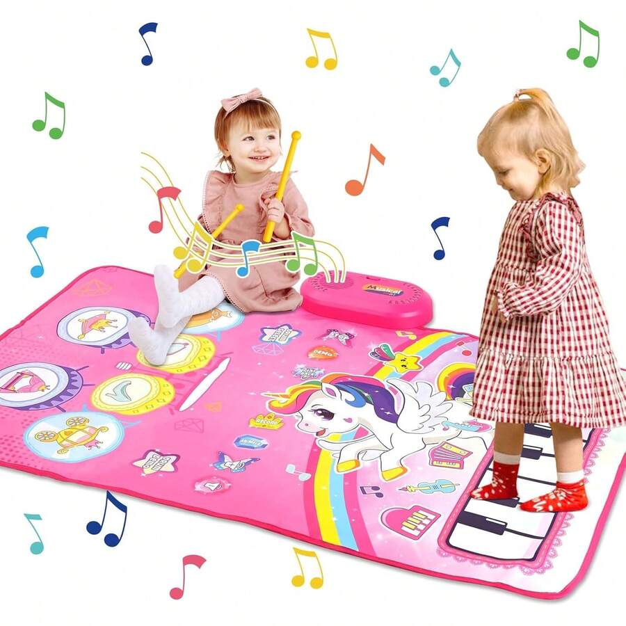 Tapete Musical de Piano para Niños, Alfombrilla de Musicales Infantiles con 2 Batería Drums, Teclados de Piso Plegable Manta Instrumentos Musicales Regalos para Niños Niñas 90x70cm Rosa - Rosa grande - Ver 1
