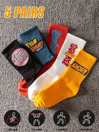 5 par/set herrstrumpor med crew-motiv - halkfria, andningsbara, varma, fukttransporterande, lämpliga för löpning, cykling, fitness - flera färger, löparstrumpor, moderna sportsstrumpor, slitstarka sportsstrumpor