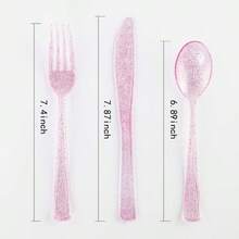 Rose Gold Pink Plastic Plates With Pink Plastic Silverware Set For Elegant Wedding And Party Events Includes 40 Dinner And Salad Plates 40 Forks 40 Knives 40 Spoons Stylish Durable And Perfect For Special Occasions - RoseGoldGlitter - View 3