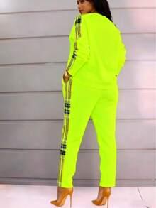 女士加大码字母格纹印花上衣和裤子套装，休闲时尚宽松春秋季女士条纹撞色口袋侧条纹抽绳办公沙滩优雅套装 - 綠色 - 查看 3