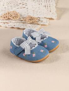 1 par de zapatos de princesa con diseño plano, lazo de tela y cierre de gancho y bucle, adecuados para primavera y otoño - Celeste - Ver 3