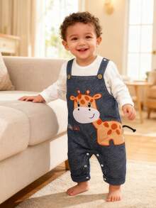 Cartoon Giraffe Embroidered Denim Effect Bib Overalls Long Sleeve Baby Jumpsuit, Spring/Autumn