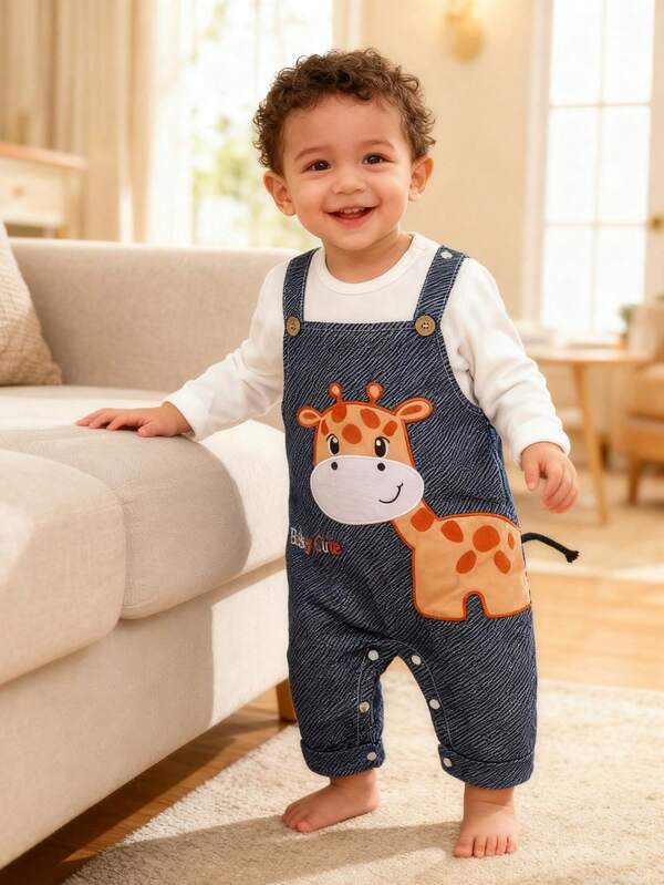 Cartoon Giraffe Embroidered Denim Effect Bib Overalls Long Sleeve Baby Romper, Spring/Autumn