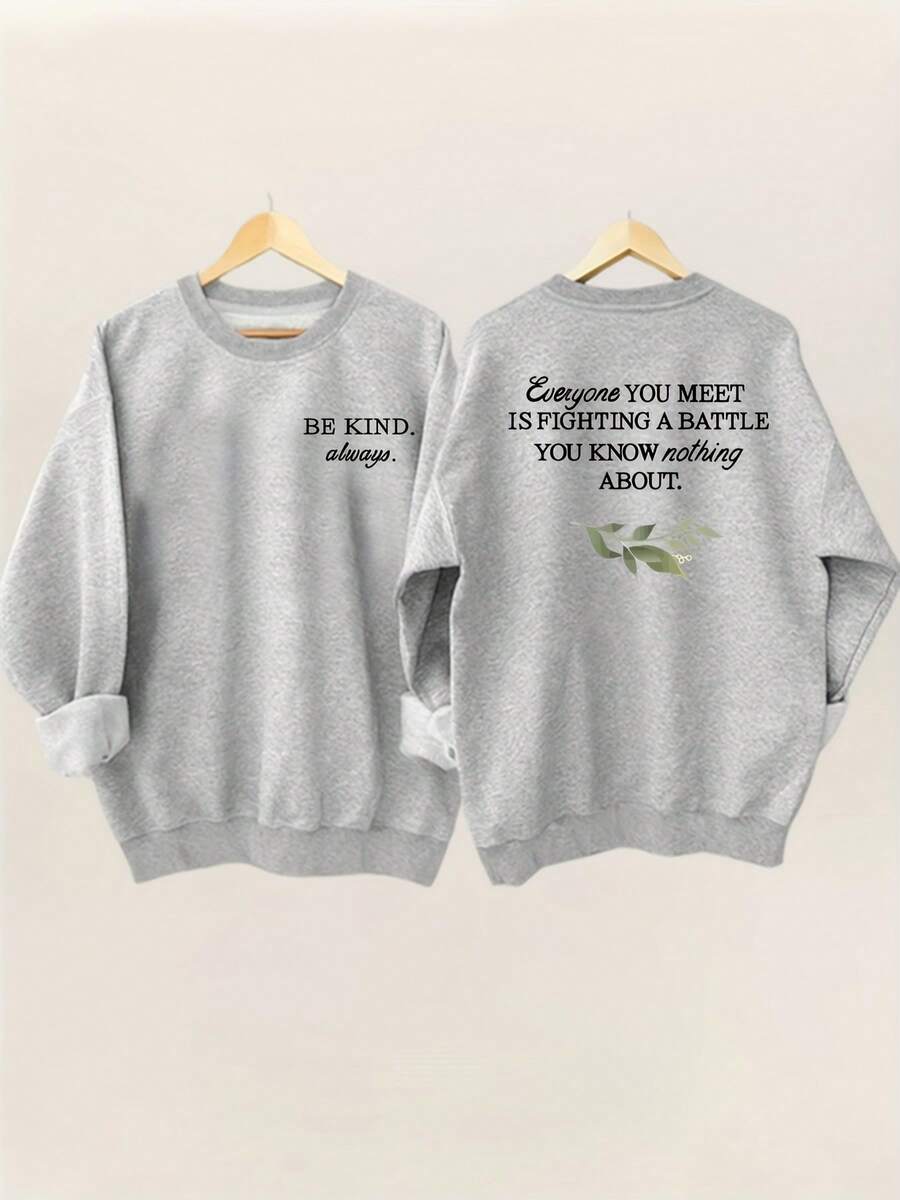 Winter Clothes Vibrant Plant & Letter Print Crew Neck Sweatshirt - Cozy Long Sleeve, Casual Women's Clothing - Soft, Breathable, And Comfortable - Xám - Xem 1