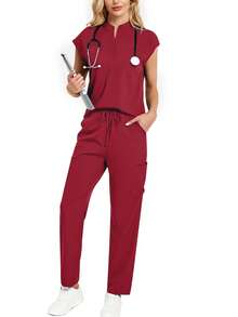 Set de 2 piezas de ropa de estar en casa de primavera con top de cuello alto y mangas cortas de unicolor y pantalones largos - Burdeos - Ver 7