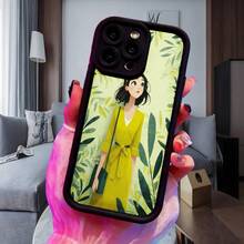 Cubierta de teléfono con diseño de mujer en vestido amarillo estampado con hojas verdes para uso diario y lectura en biblioteca Aplicable a teléfonos Apple y Galaxy - Blanco - Ver 4