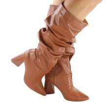 Women's Slouchy Wrinkled High Boot With 7.5 Cm Geometric Chunky Heel And Pointed Toe - Comfortable - Lạc đà - Xem 2