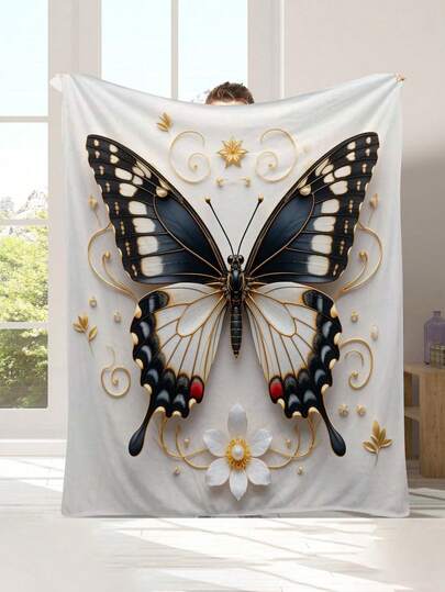 1 pieza Manta de franela con mariposa negra y dorada / Manta suave y cálida elegante y lujosa para las cuatro estaciones / Manta cuadrada de regalo / Decoración del hogar de moda / Manta artística para cojines de sofás y sillas
