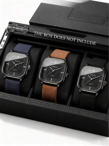 3pcs/Set Retro Minimalist Men's Wrist Watch Set, Featuring Square Dial Design With Blue, Brown And Black Interchangeable Straps. The Elegant Design Makes It Suitable For Daily Commute, Casual Outings And Other Occasions.