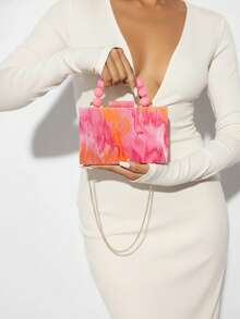 Milky Way Orange-Pink Acrylic Clutch Bag With An Elegant Chain Strap And Beaded Handle, Designed For Hand-Carrying Or Shoulder-Carrying. This Distinctive Women's Evening Bag Makes The Perfect Accessory For Parties, Weddings, Or Brides, And Is Also An Ideal Christmas Gift For Family And Friends. - 珊瑚粉 - 查看 5
