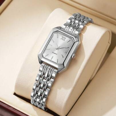 1pc Women's Casual Chic Square Dial Quartz Wrist Watch With Steel Band, Fashion Vibe (Watch Box Not Included)