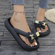 New Arrival Elegant Stylish Flip Flops - Bowknot & Golden Bear Decoration, Comfortable Touch, Lightweight & Non-Slip, Cool & Breathable, Suitable For Spring & Summer Beach Vacation, Home Leisure Sandals & Outdoor Activities Sandals, Couple Sandals & Men's Sandals & Women's Sandals - 黑色 - 查看 3