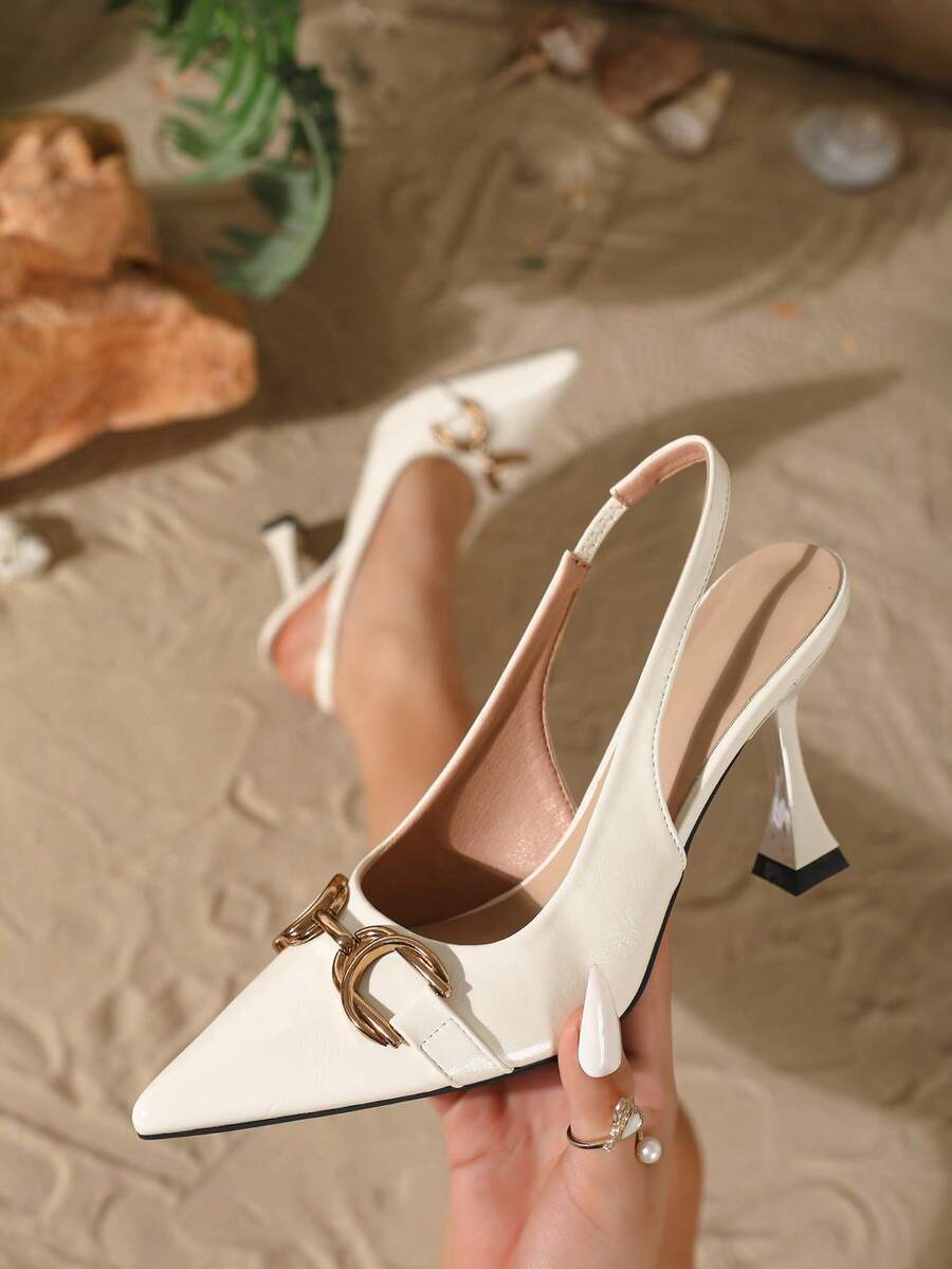 9cm Pointed Toe Elegant Stiletto High Heels, Slingback Leather-Look PU Pumps With Metal Decor, Suitable For Daily, Party, Wedding, Christmas, Prom, Office Formal Occasions,Mothers Day Gift - White - View 1