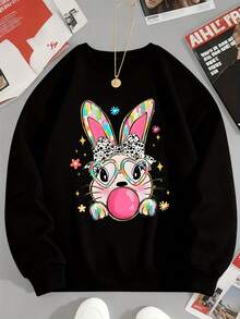 Cute Bunny Rabbit Face Print Hoodie Pink Color Rainbow Ears Bow Glasses Design For Casual Wear Party Outfits Spring Summer Fashion - Black - View 2