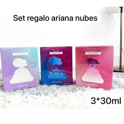 3*30 ML SET REGALO PERFUME PARA DAMA NUBES ARIANA Miniatura presentación premium ideal para viaje obsequio especial aromas variados cuidado personal belleza DULCE Y AFRUCTADOS