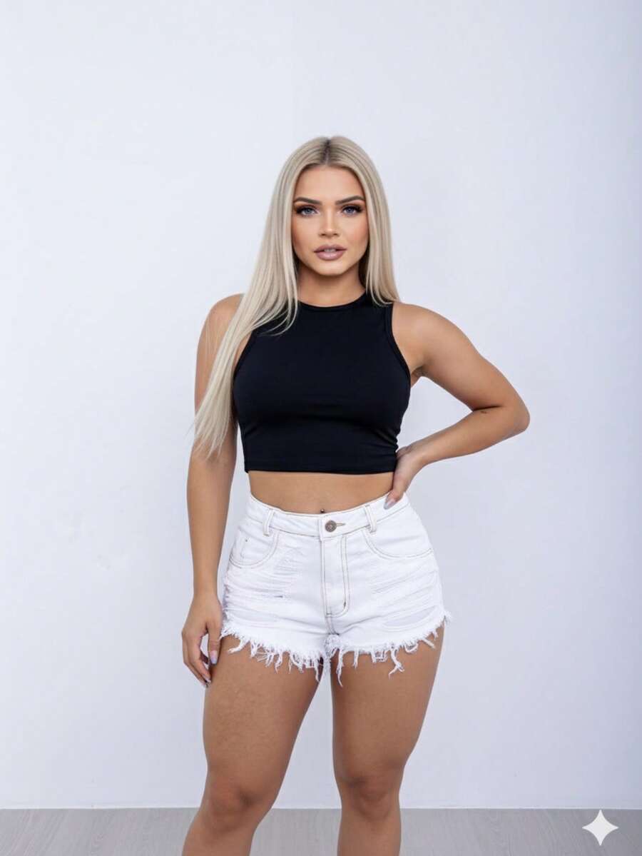 Women's White Distressed Denim Shorts - 白色 - 查看 1