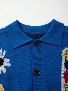 ANDREILEE 男士休闲宽松纯色开衫毛衣，饰有心形、波浪形和字母图案，V 领，纽扣前襟，长袖，秋冬针织上衣 - 寶藍色 - 查看 3