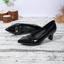 Décolleté con punta affusolata, tacco largo, fibbia con strass in pelle verniciata nera, stile alla moda per l'ufficio e gli spostamenti, suola nera resistente e versatile - nero - Visualizzare 12