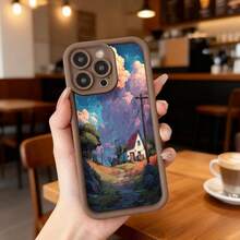 Cubierta de teléfono con borde negro diseño paisaje rural con casa y cielo nublado para uso diario en cafeterías y espacios exteriores Aplicable a los teléfonos de la serie Apple y Galaxy - Negro - Ver 4