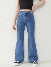 Flare Jeans For Girls, Teen Style, Cotton Denim, Sizes 10 To 16 - 中等水洗藍 - 查看 3