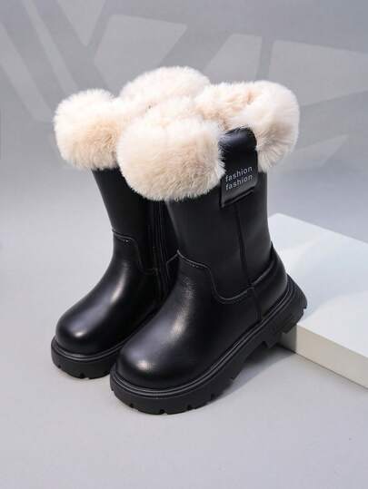 Botas altas para niñas, botas altas para niños con forro térmico y cremallera lateral, botas de nieve hasta la pantorrilla con superficie de cuero y suelas gruesas, botas de princesa con estilo para niñas pequeñas, botas cálidas hasta la pantorrilla para niños pequeños