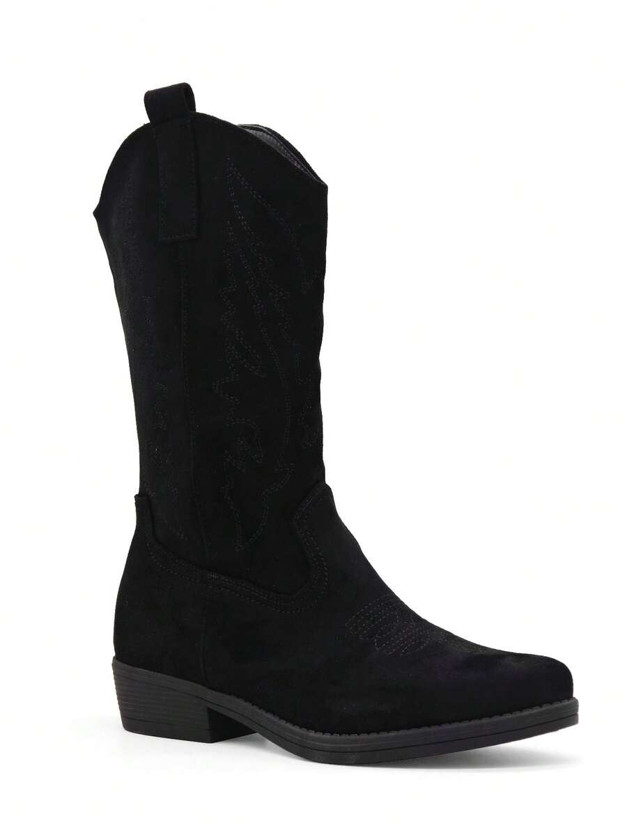 RevReaL Western Embroidered Cowboy Mid-Calf Boots - BLACK a - View 1