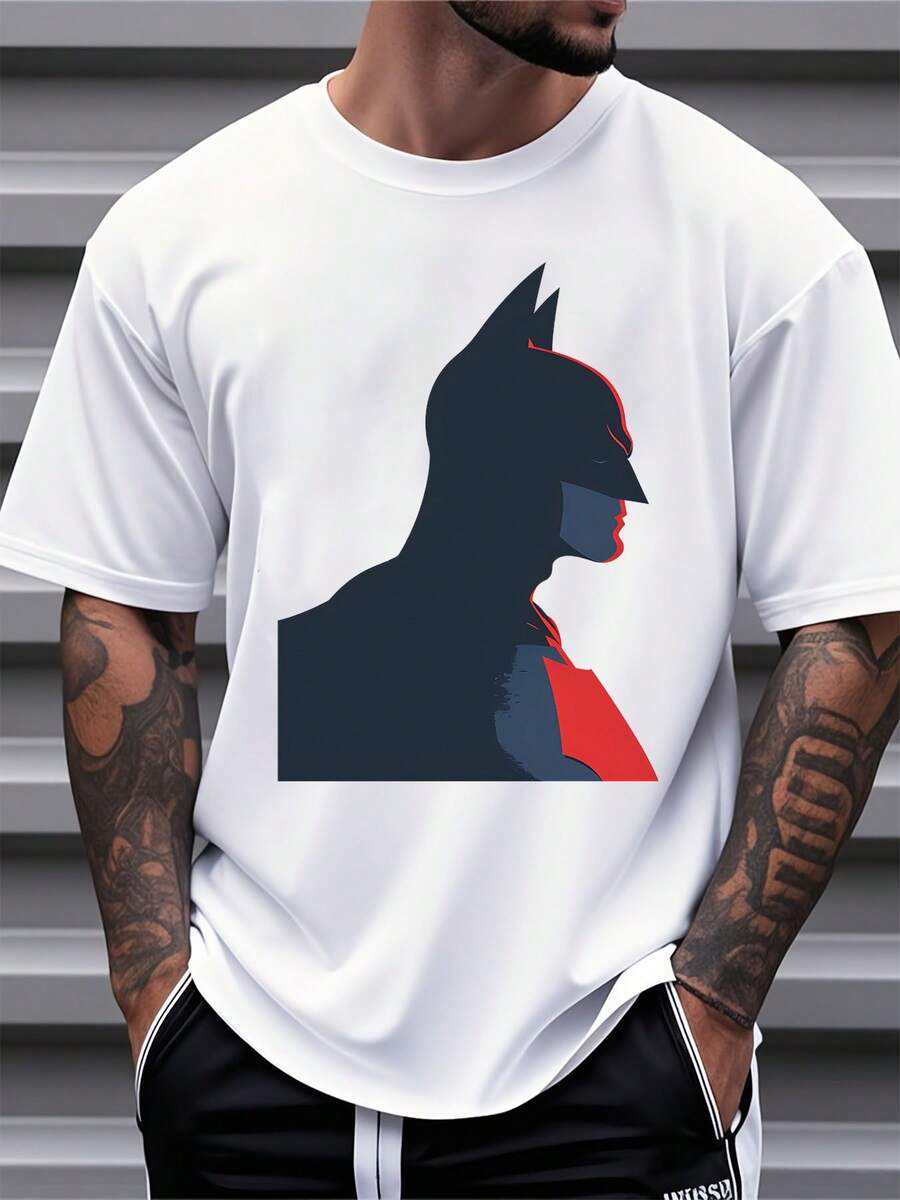 Warner Bros Batman Silhouette Graphic T-Shirt Men's Casual Wear Superhero Design White Cotton Tee Shirt Unisex Streetwear Fashion Top,220g - trắng - Xem 1