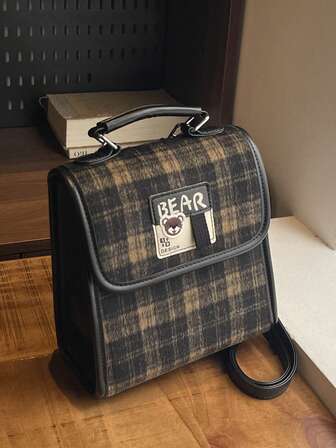 Mochila de mujer de lana a cuadros, bolso de mensajero de estilo coreano de moda, bolso convertible vintage y lindo de hombro/cruzado, estilo japonés