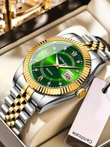 1 Stück Herren Mode Koreanischer Stil Strass Kalender Quarz Uhr mit Edelstahlarmband, Lässig Business Paar Uhr - Einheitsgröße - Übersicht 14
