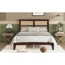 Full Size Bed With Rattan Headboard & 2 Storage Drawers, Solid Rubber Wood Bed Frame With Enhanced Support Slats, Platform Bed In Espresso (Mattress Not Included) - Espresso + Gỗ cao su + Đầy đủ - Xem 6