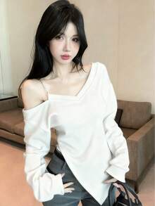 女士不对称开衩不对称肩部长袖T恤，秋冬款，纯色，吊带衫 - 白色 - 查看 3