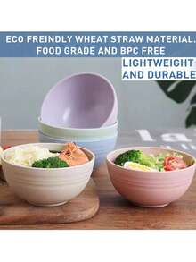 3/6件套防碎麦片碗，26盎司小麦秸秆碗，微波炉和洗碗机适用，可重复使用塑料碗，适用于盛汤、沙拉、米饭、零食，米色 - 彩色 - 查看 5