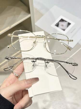 2pcs Copper Geometric Silver Rimless Glasses Decoration Modern Simple Style Ins Style Women Clear Glasses For Daily Life Office Appointment Outfits Holiday Gift Back-To-School Essentials Weekend Outfit Fashion Accessories
