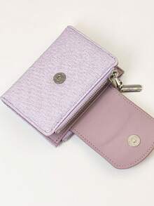 女士短款钱包，编织纹理柔软精致PU钱包，时尚按扣双拉链大容量多功能钱包卡包，轻巧简约手拿包，适合作为节日礼物