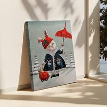 1pc, 2D Flat Printing, Rabbit In Winter Coat With Red Umbrella And Snail In Snow, Canvas Wall Art For Living Room Wall Decor For Bedroom Bathroom Framed Wall Poster Art Prints Ready To Hang Pictures Home Decorations - Nhiều màu - Xem 4