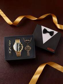 Exquisite Fashion Heavy Design Light Luxury Gold Jewelry Casual Style Gold Watch, Minority Style Necklace, Bracelet, Ring Men's Quartz Watch Jewelry Gift Box Set, Gift Box, Suitable For Birthdays, Year-End Grand Promotion, 4 Pieces/Set - Silver - View 2