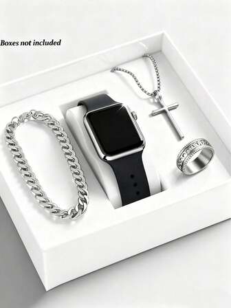 4/1 Set Boy Fashion Simple Classic LED Digital Display Square Electronic Watch, Suitable For Boys To Wear. It Comes With A Luxurious Fashion Bracelet, Necklace And Ring Set. It Is Suitable For Students And Is Very Suitable For Use In Daily Life Such As Going Back To School, Parties And Traveling. It Is Very Suitable As A Gift For Friends, Birthday Gifts, Graduation Season Gifts, Christmas Gifts. It Is The Perfect Gift For Boys.