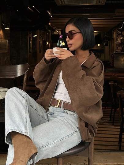 MUMRAP Women's Casual Street Fashion Lapel Jacket, Vintage Long Sleeve Zip-Up Loose Outerwear