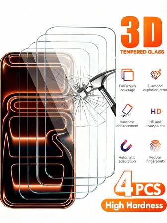 4片装防刮钢化玻璃屏幕保护膜，兼容 11/12/13/14/15 Pro Max/16 Pro Max/16 Plus/16e/Mini/Plus/17，屏幕保护必备，适用于日常防护、办公、家用手机，手机屏幕保护膜配件