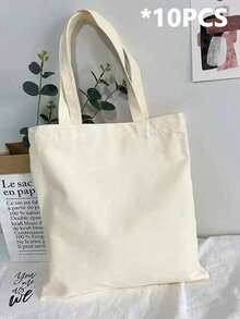 10pcs/Set Cute & Fashionable Reusable Canvas Tote Bags, Handbag, Shoulder Bag, Shopping Bag, Large Capacity, Foldable, Handmade, Beige Canvas Bag, Tote Bag, Shoulder Bag