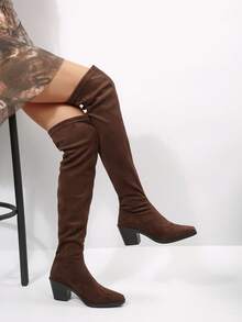 Women's Over-The-Knee Boots For Winter, Black Boots, Brown Boots, Pointed Toe Chunky Heel Tight Fit Over-The-Knee Boots, Elegant Women's Boots, Pull-On Thigh High Boots - Brown - View 6