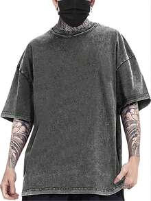 LIDANR 1pc Men's Heavyweight Vintage Washed Cotton T-Shirt - Oversized Retro Streetwear Tee, Soft Breathable Crewneck Shirt For Teens & Adults, Machine Washable Everyday Casual Top, Unisex Clothing, Loose Fit, Comfortable Material, Short Sleeve Tee, Teen Fashionmen's Clothes T-Shirt. - Xám - Xem 1