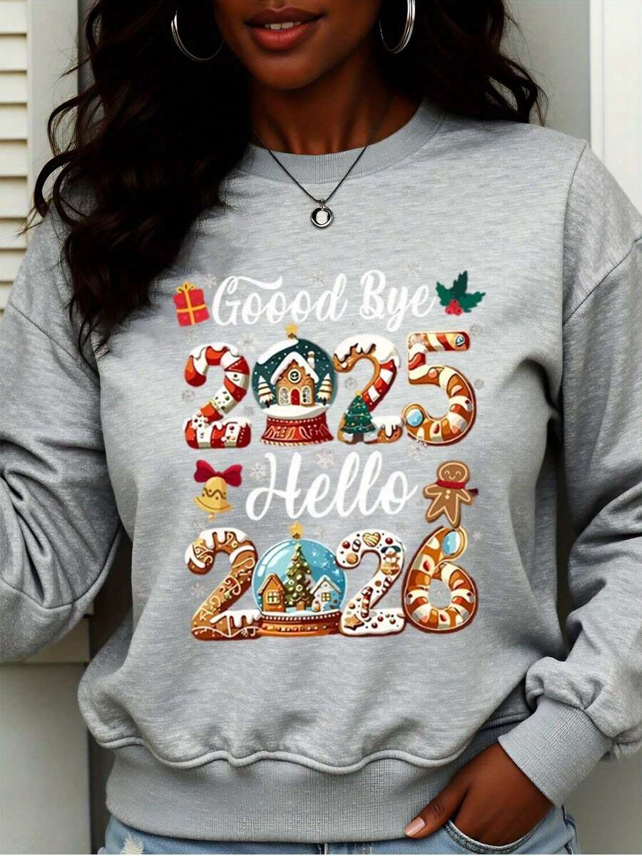 Sudadera navideña Adiós 2025 Hola 2026 Bola de nieve Bastón de caramelo ...