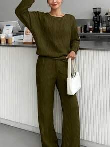 New Women's Long-Sleeved Solid Color Sweatshirt And Trousers Set With Textured Fabric, Fashionable, Casual And Versatile. - 軍綠色 - 查看 4