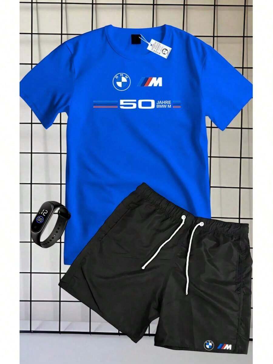 Set Consisting Of A 100% Cotton Short-Sleeved T-Shirt And Tactel Shorts With A BMW 50 Print + A Free Watch. - 藍色 - 查看 1