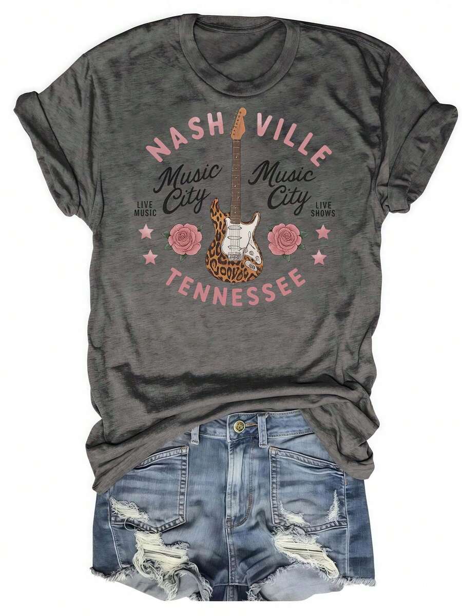 Leopard Guitar In Nashville  Live Music And Shows In Tennessee Womens Tshirt Black Grey White Light Apricot Dark Red - Xám - Xem 1