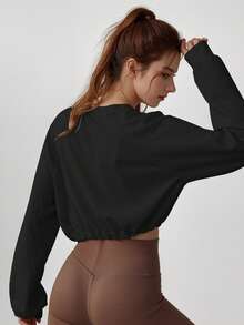 Sodalemon Femmes Top de Gym Couleur Unie Col Rond Manches Longues Cordon de Serrage à la Taille Sweat-shirt d'Entraînement Vêtement de Yoga Décontracté Extérieur Course Sport T-Shirt