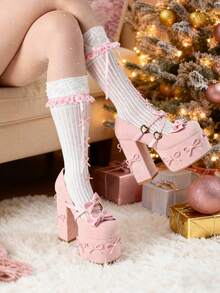 Womens Mary Jane Heels Platform Chunky Bow Heels Goth Round Toe Shoes Chunky High Heel Y2K Heels