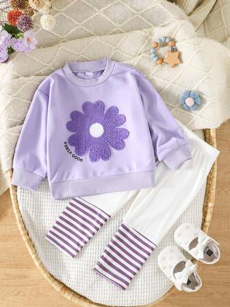 2pcs/Set Toddler Girls Floral Embroidered Long Sleeve Top And Striped Pants, Fashionable Outfit