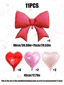 11pcs Large Red Bow Balloons, 18" Red & Pink Heart Foil Balloon Set, Suitable For Wedding, Engagement, Anniversary, Birthday Party, Romantic Valentine's Day Decoration